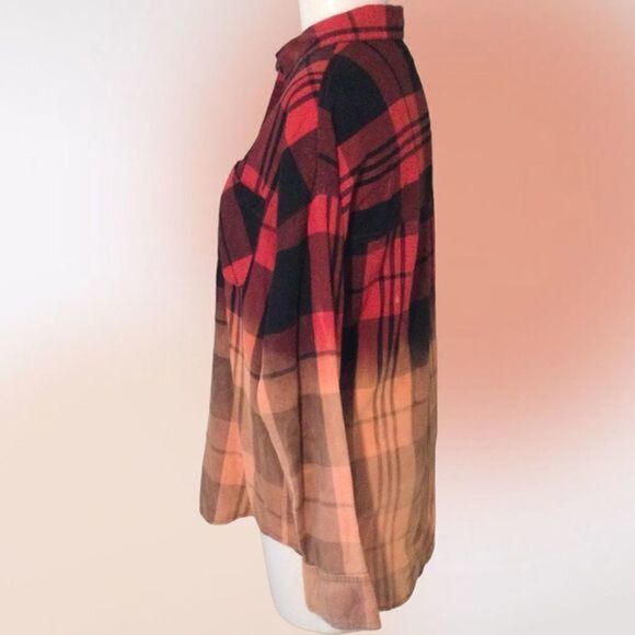 Old Navy Upcycled Bleached Red Black Orange Plaid Flannel Button Up Shirt Size S - Picture 4 of 12